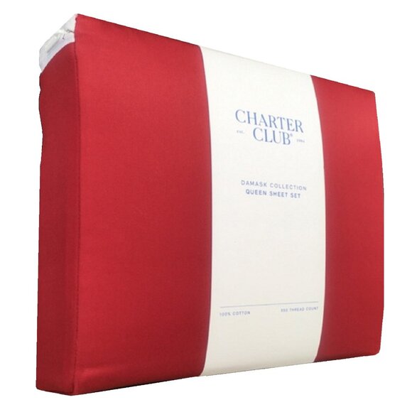 RED CURRANT Charter Club Damask Solid 550 TC 100% Cotton QUEEN Sheet Set - Picture 1 of 10